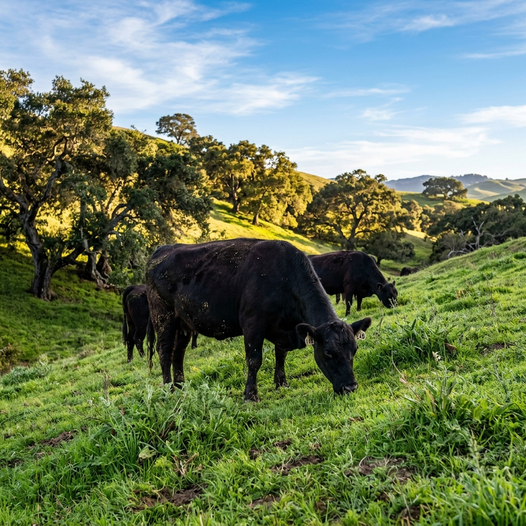 Black Angus cattle grazing on the central California coastal hills with California oak trees